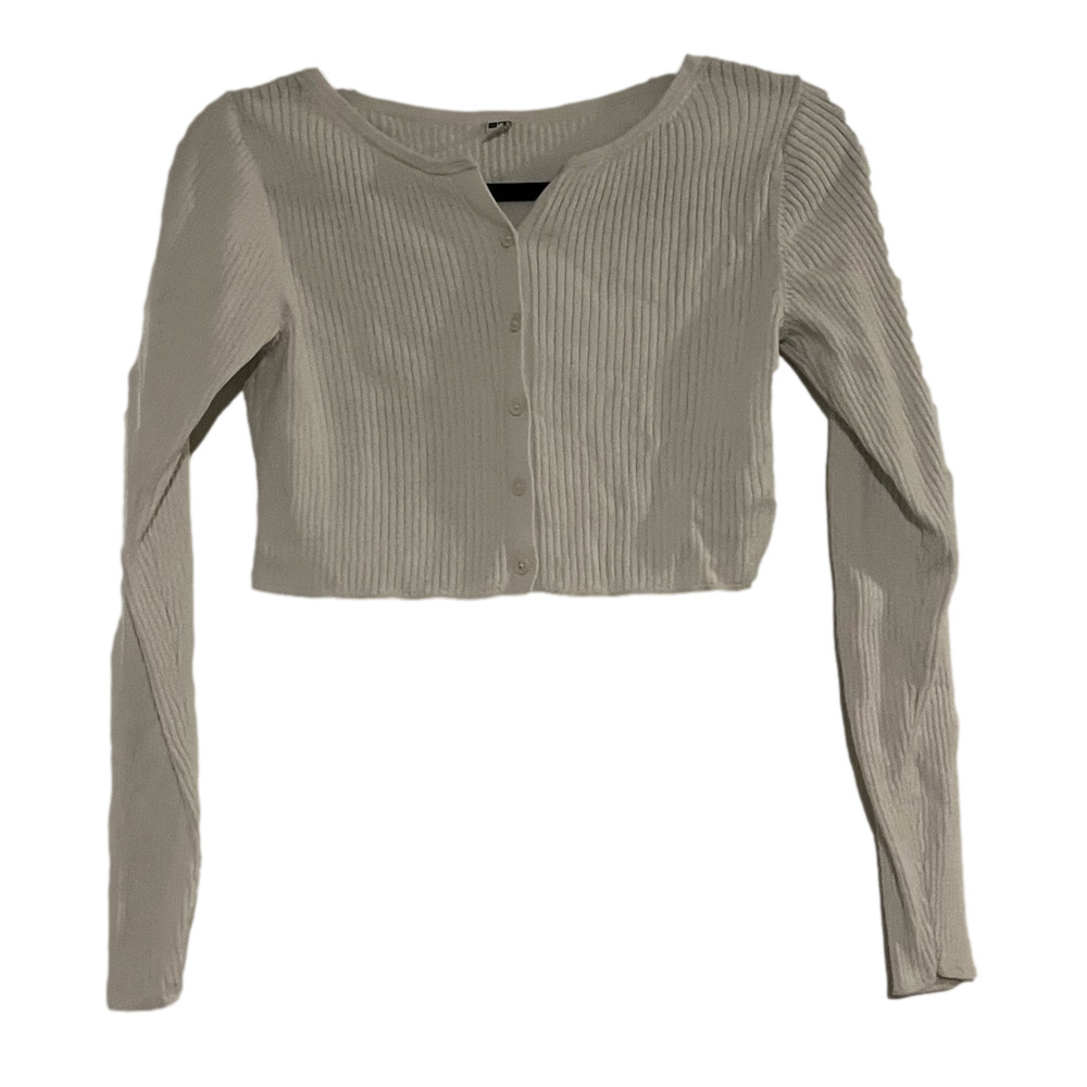 Uniqlo White Ribbed Button Down Crop Top